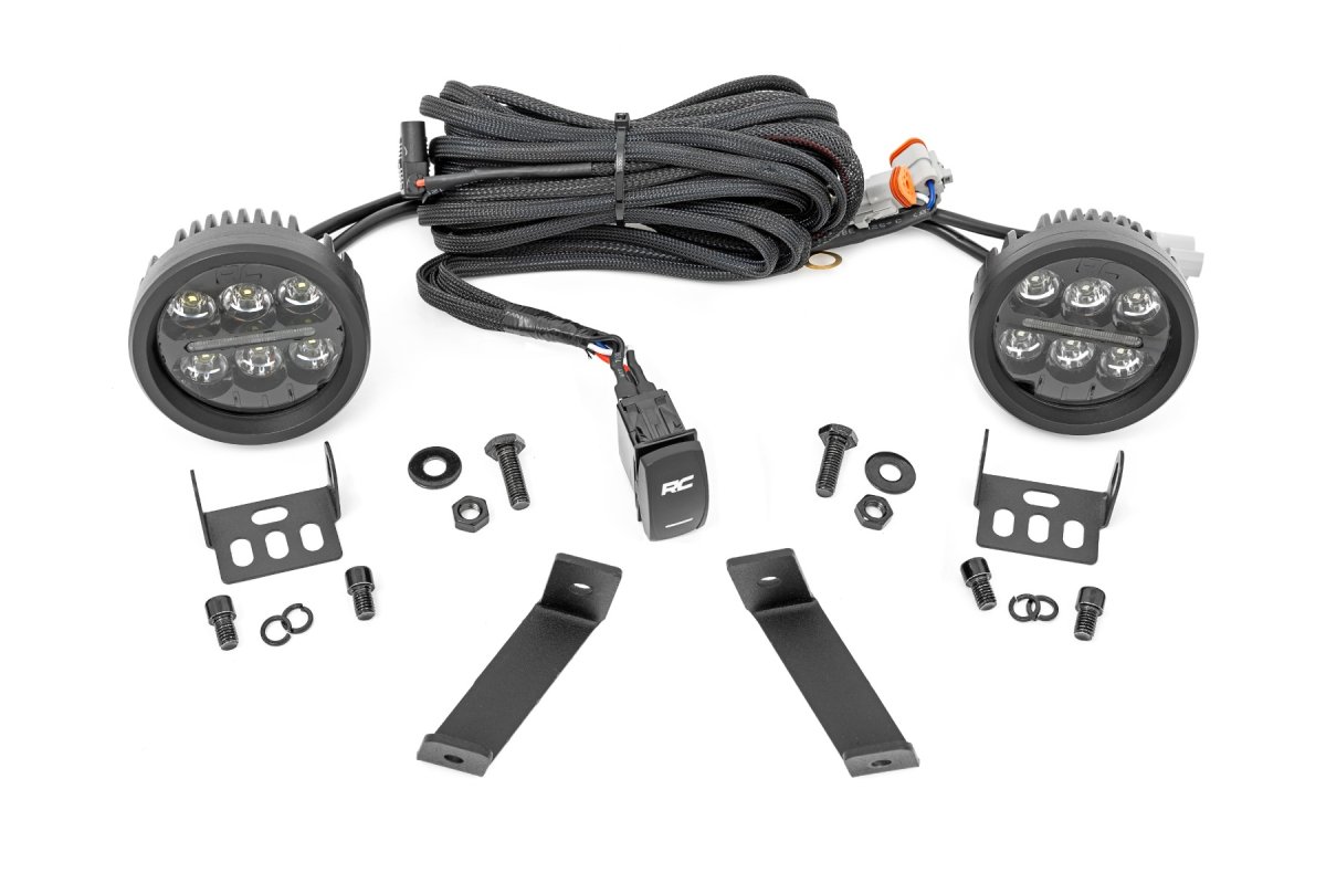 Jeep Cherokee LED Light Kit - Rough Country - Ditch Mount, Black Series Round, 3.5 Inch, Amber DRL - Black - '14-'21